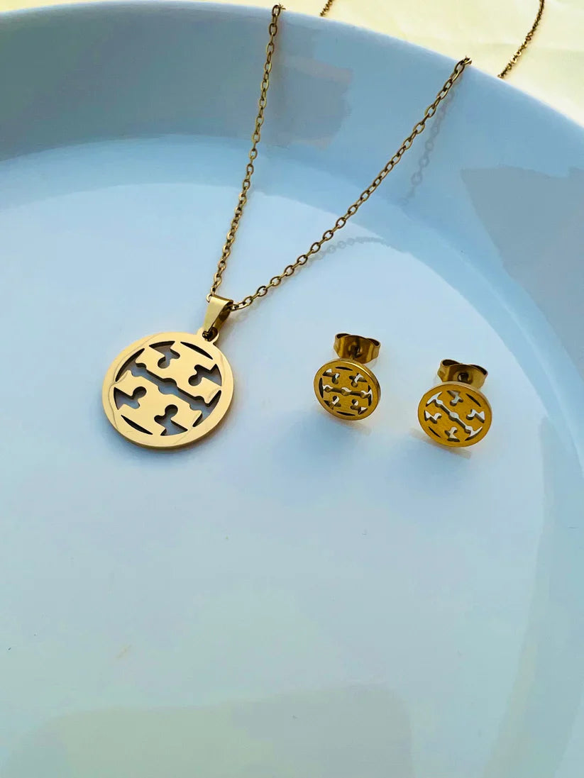 Stainless Round Necklace & Earrings TB Set