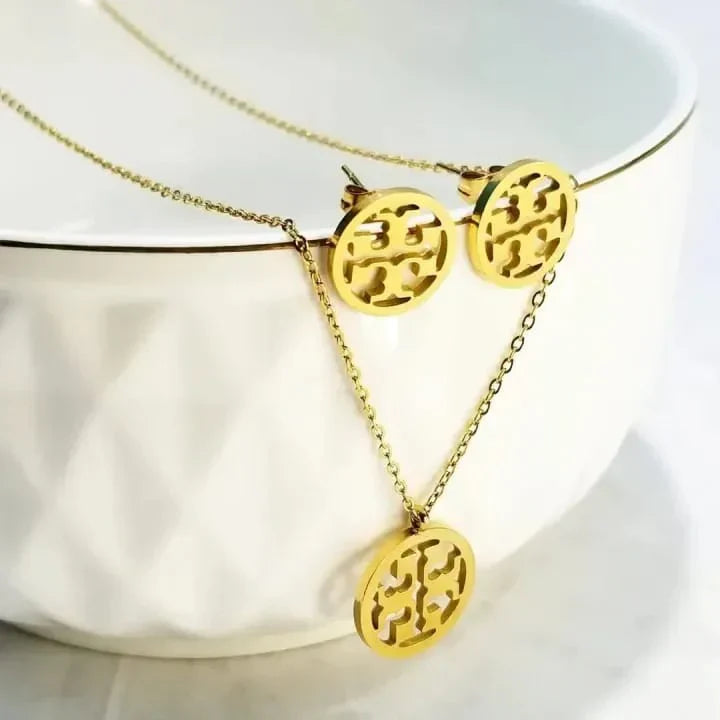 Stainless Round  Necklace & Earrings TB Set
